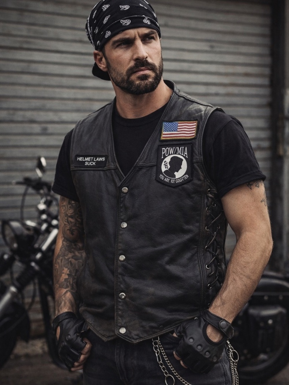 Black Leather Biker Vest Lace Up Sides USA Patches Unisex